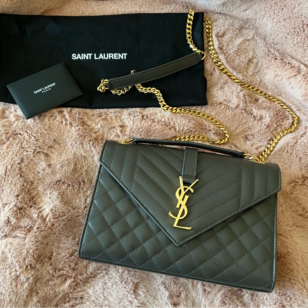 YSL Saint Laurent Envelope TriQuilt Medium Grain Leather Handbag